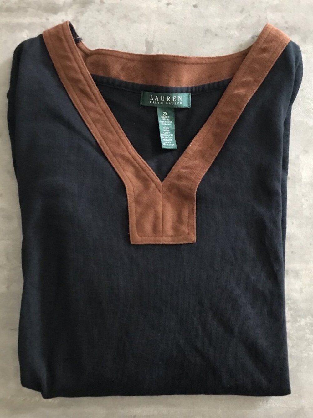 Lauren Ralph Lauren Top Women 2X Brown Suede Trim Black Equestrian Preppy Money
